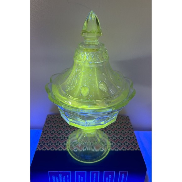 Antique UV Reac EAPG Northwood Glass Strawberry & Cable Pedestal Covered Compote